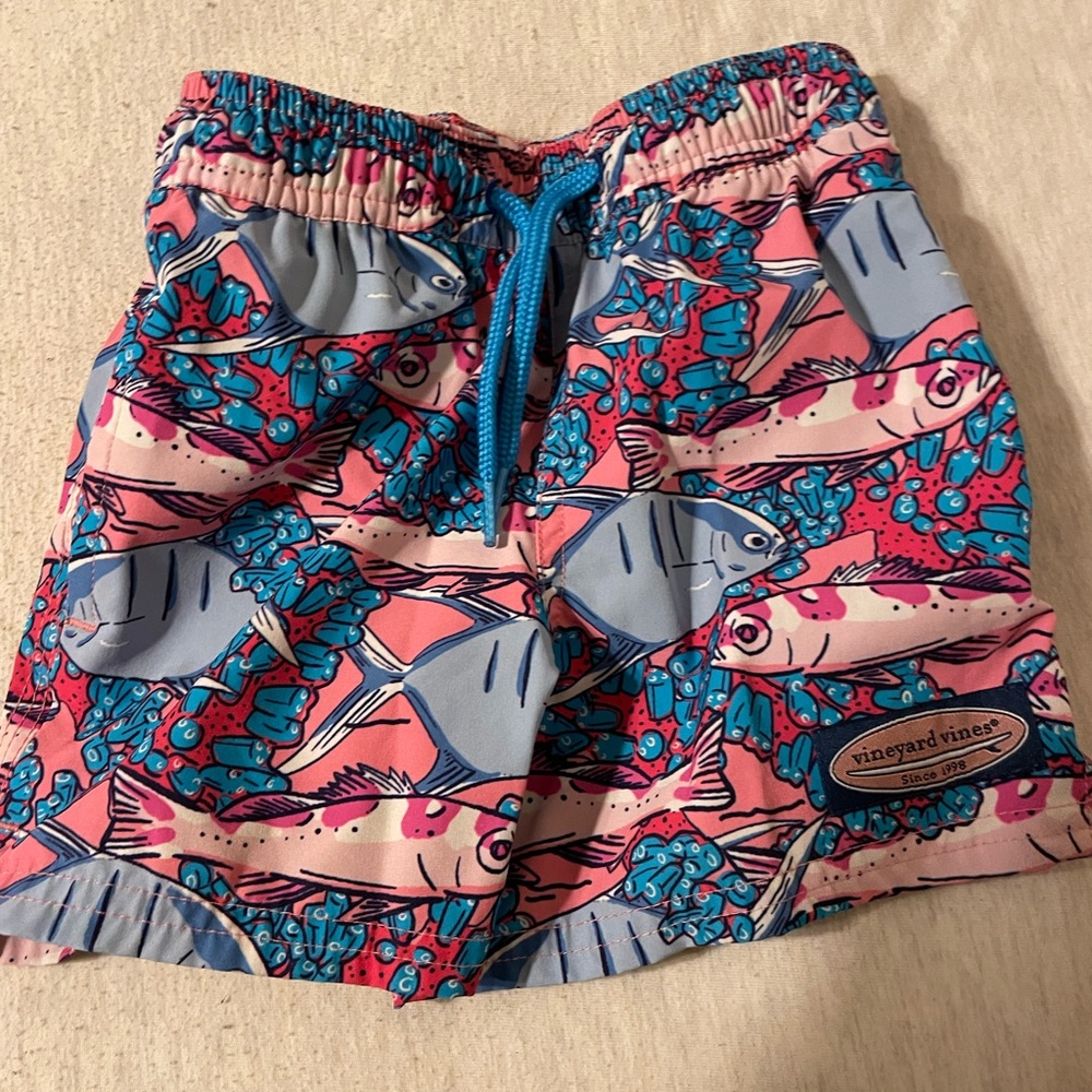 Vineyard Vines Kids Swim Trunks - Pink and Blue Fish Design